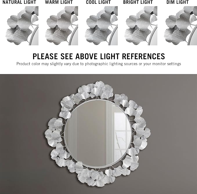 Martha Stewart Wall Décor Large Gingko Leaf Round Wall Mirror for Living Room, Iron Metal Plate Frame Antique Finish, Ready to Hang Bedroom Decoration, Eden, 30.5", Silver