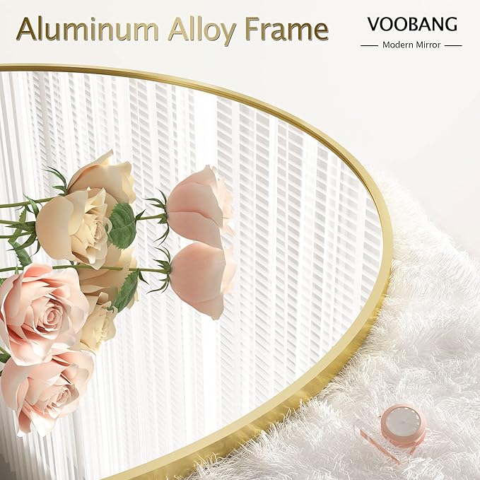 VooBang Gold Round Bathroom Mirror, 28 inch Circle Wall Mounted Hanging Mirror with Simple Modern Circular Metal Frame for Hallway, Entryway, Living Room, Gold Frame
