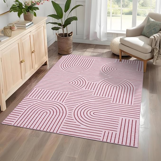 Washable Rug 5x7 Area Rugs for Living Room, Abstract Rug for Bedroom, Soft Rainbow Non Slip Throw Rugs with Rubber Back, Low Pile Stain Resistant Boho Geometric Carpet for Dining Room, Pink