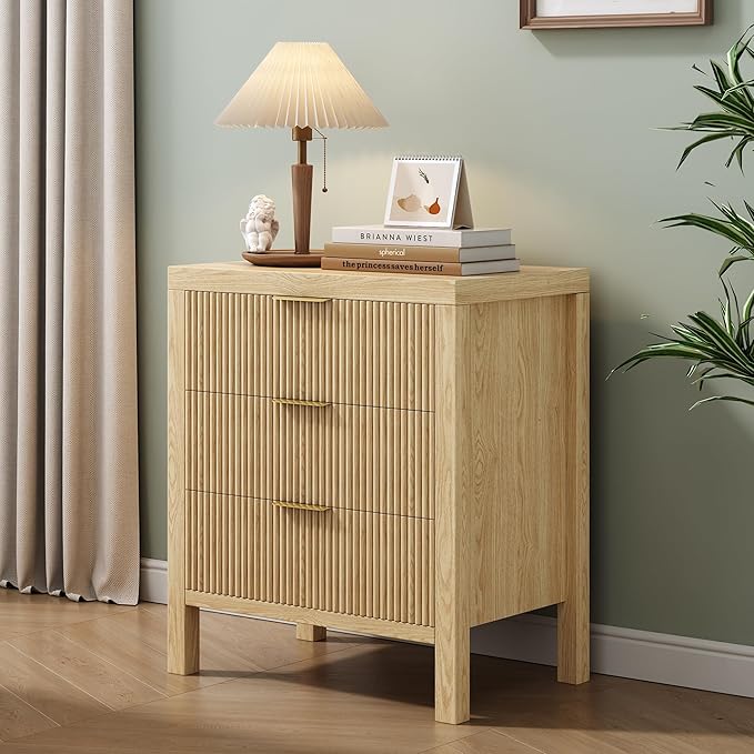 Nightstand with 6 Drawers, Dresser and Nightstand Sets, Bedside Tables, Mid Century Nightstands with 6 Wide Drawers for Bedroom, Kids’ Room, Hallway, (Natural X 2pcs)