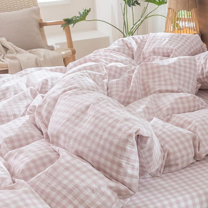 MooMee Gingham Duvet Cover Set 100% Washed Cotton Linen Like Textured Breathable Durable Soft Comfy Modern Checkered Design (Classic Gingham Greyish Pink, Queen 90"x90")