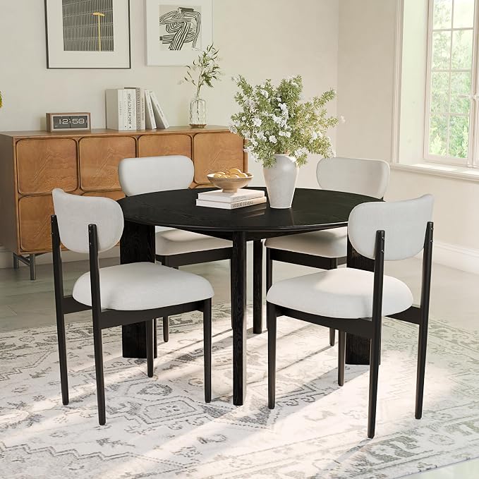 Casaphoria Upholstered Dining Chairs Set of 2, Mid-Century Modern Kitchen Chairs with Solid Wood Legs & Thick Cushion, Ergonomic Fabric Accent Chairs for Dining Room, Vanity & Office, White and Black