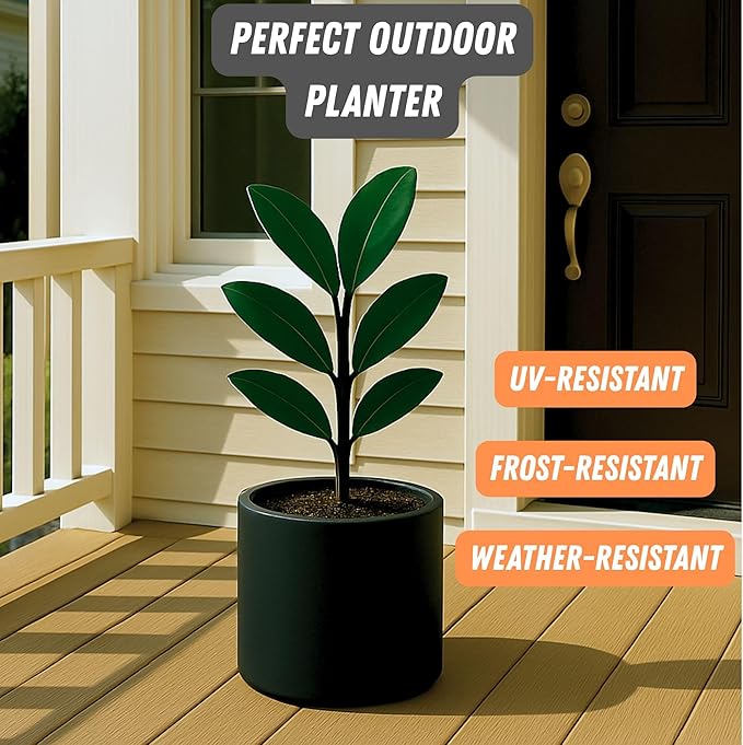 Fox & Fern Large Indoor Planter, Modern Large Plant Pot for Indoor or Outdoor, UV and Frost Resistant - 8 Inch, Fiberstone, Matte Black Flower Pot with Drainage Plug, Lightweight