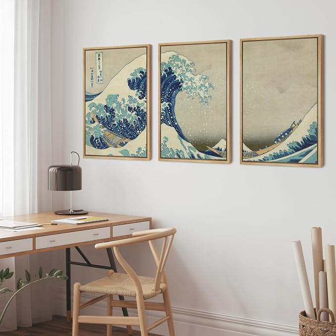 wall26 Framed Canvas Print Wall Art Set The Great Wave Off Kanagawa by Hokusai Cultural Historic Oil Painting Fine Art Reproduction Scenic for Living Room, Bedroom, Office - 24"x36"x3 Natural