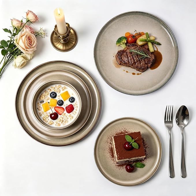 MONITO Ceramic Dinnerware Sets for 6, 18PCS Stoneware Plates and Bowls Sets, Reactive Glaze Dish Set, Chip and Scratch Resistant Double, Microwave and Dishwasher Safe, Brown