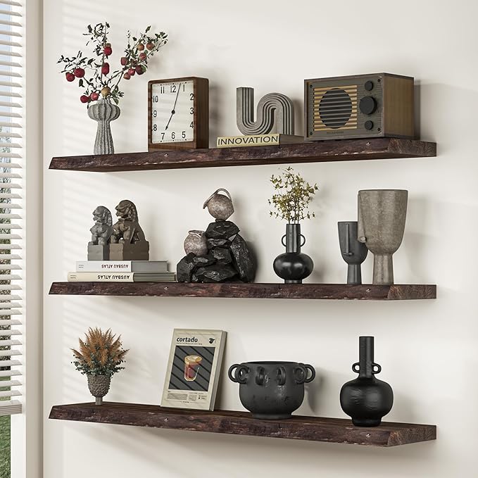 Fun Memories Floating Shelves for Wall Set of 2, Rustic Solid Elm Wood Live Edge Wall Shelves 32 Inch - Invisible Bracket Mount for Living Room, Bathroom, Bedroom, Kitchen, Walnut
