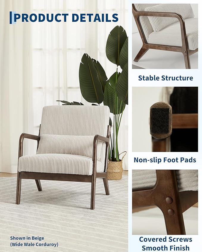 Garvee Mid-Century Accent Chair Set of 2, Cozy Reading Chair, Modern Lounge Armchair with Lumbar Pillow, Sturdy Wood Frame, for Living Room, Bedroom, Office, Beige, Fine Wale Corduroy Upholstery