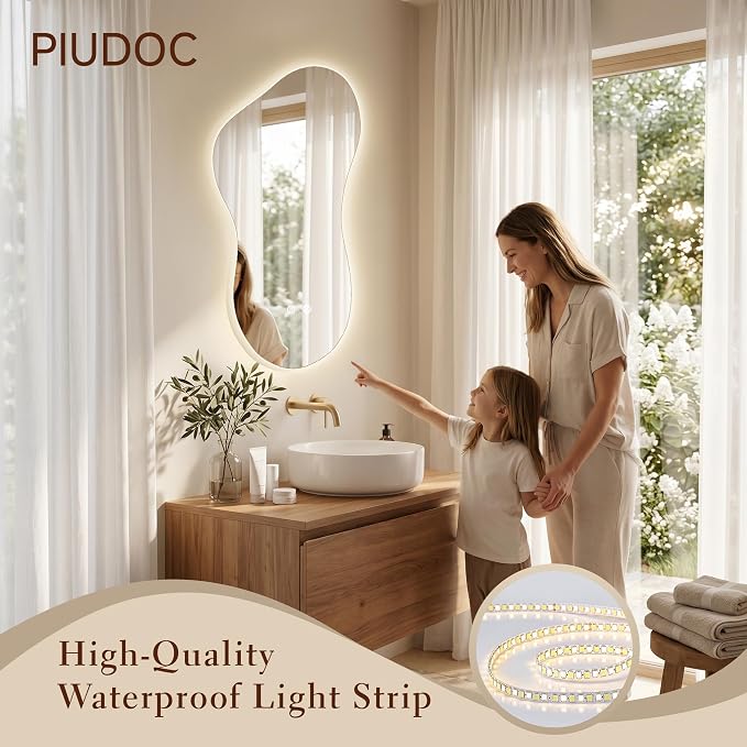 24×36 Irregular Backlit Mirror Asymmetrical Bathroom Mirror with Lights LED Dimmable Mirror for Bathroom Makeup Area