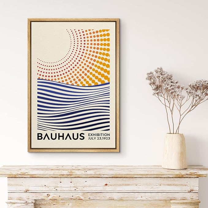 MUDECOR Framed Canvas Print Wall Art Mid-Century Bauhaus Geometric Sun & Ocean Shapes Abstract Illustrations Modern Art Minimal Multicolor Relax/Calm for Living Room, Bedroom, Office - 24"x36" NATURAL