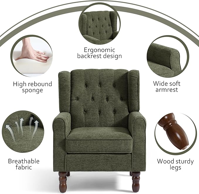 Accent Chair, High Back Upholstered Chair with Button Tufted, Mid-Century Modern Comfy Wingback Chair Reading Armchair in Fabric for Living Room for Bedroom, Office-Green