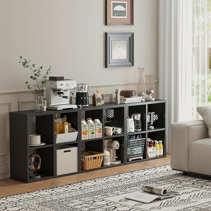 IRONMIX Metal 4 Cube Storage Organizer with 2 Storage Basket, Short Black Bookshelf with Storage, Horizontal Bookshelf, 2 Tier Open Bookcase Cube Shelf for Home Office Library (Black, 700 with Basket)