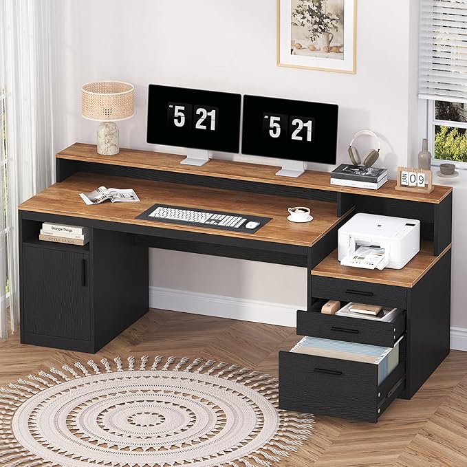 YOMILUVE Computer Desk with 3 Drawers & Storage Shelves, 65 Inch Home Office Desk with File Drawer & Cabinet, Writing Study Desks with Monitor Stand & Printer Shelf, Executive Desk, Brown and Black