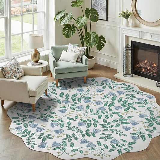 DCX Washable Botanical Floral 5x5 Roung Rug, Blue and Green Scalloped Rug, Non Slip Low Pile Carpet for Bedroom, Living Room, Kid & Pet Friendly