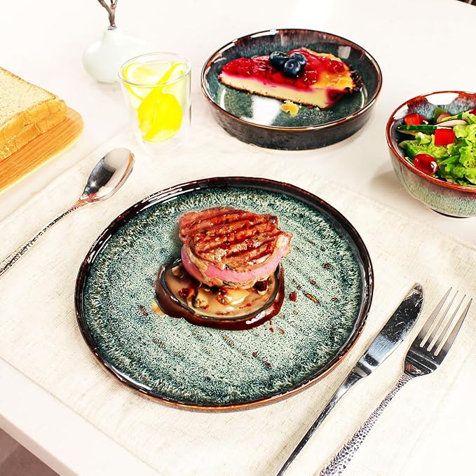 Dinner Set 12 Pieces - Round Reactive Glaze Tableware - Kitchen Dinnerware Porcelain Crockery with Dinner Plate, Bowl and Soup Plate Service for 4, Microwave Dishwasher Safe, Set (No.4)