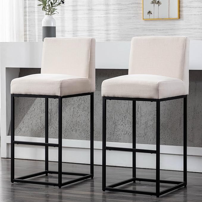 Counter Height Bar Stools Set of 4, Modern Metal Barstools 31 inch Seat Height Island Stools Linen Upholstered Farmhouse Bar Chairs with Back and Metal Legs, Beige