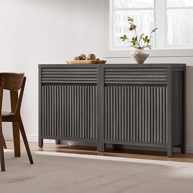 SICOTAS Sideboard Buffet Cabinet with Drawer - 87" Fluted Sideboard Modern Credenza with Doors & Adjustable Shelves, Farmhouse Coffee Bar Media Console for Living Room Kitchen Entryway, Black Oak