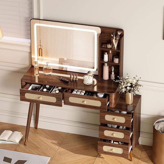 Boho Brown Vanity Desk with Mirror and Lights, Wooden Vanity Desk with Drawers & Shelves, 3 Lighting Modes Makeup Vanitys Tables for Bedroom, Dressing Room, Adjustable Brightness (Dark Walnut)
