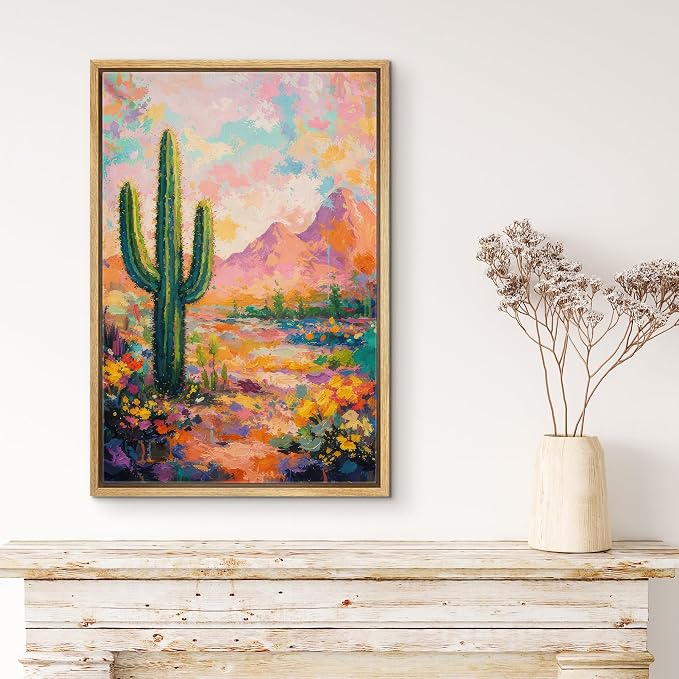 MUDECOR Framed Canvas Print Wall Art Colorful Desert Cactus Landscape Contemporary Illustrations Minimalism Decorative Bohemian Zen for Living Room, Bedroom, Office - 24"x36" NATURAL