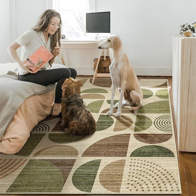 MUJOO Washable Rug 8x10,Large Area Rugs for Living Room Bedroom Dining Room,Boho Throw Floor Carpet Non Slip Soft Modern Abstract Vintage Green and Brown