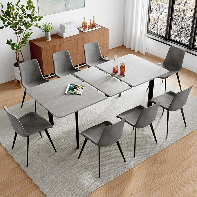 63"- 78.7" Extendable Dining Table Set for 8, Modern Kitchen Table with Dining Chairs for 6-8 Person, Thickened Expandable MDF Wooden Table with Metal Legs for Dining Room, Kitchen