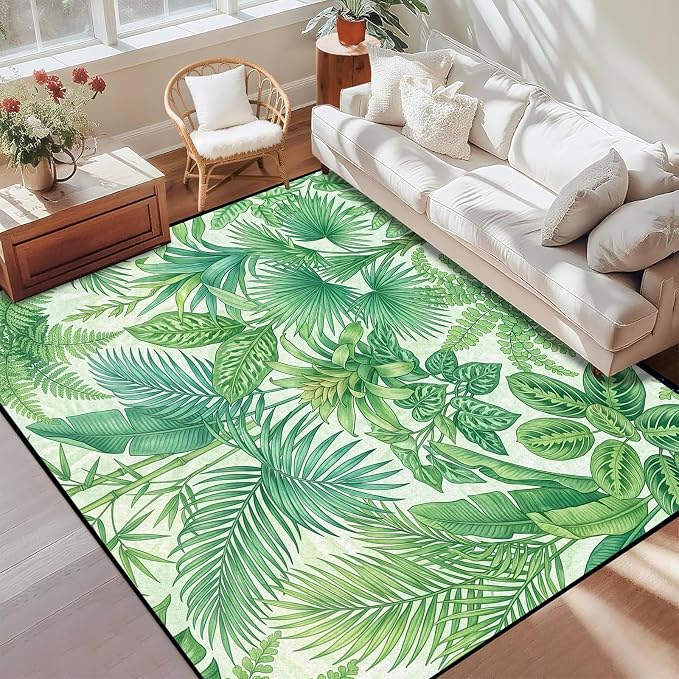 Tropical Leaves Area Rug 4'x6' Green Botanical Palm Fern Leaf Rug Non Slip Washable Indoor Floor Mat for Bedroom Living Room Nursery Kitchen Playroom Home Decor