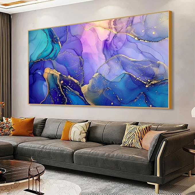 Abstract Marble Canvas Wall Art, Alcohol Ink Wall Art, Purple Canvas Wall Art, Blue Purple Marble Painting, Abstract Wall Art, Purple and Gold Wall Decor, Canvas Wall Art for Living Room (Black Metal Frame, 30"x17" | 76x43cm)