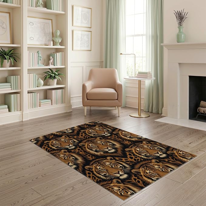 4'x6' Washable Modern Tiger Print Area Rug, Orange Flatwoven Floor Mat for Home Office, Gaming Room, Under Desk, Non-Slip Chair-Friendly Carpet | Ref:2229845
