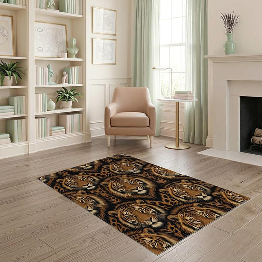 4'x6' Washable Modern Tiger Print Area Rug, Orange Flatwoven Floor Mat for Home Office, Gaming Room, Under Desk, Non-Slip Chair-Friendly Carpet | Ref:2229845