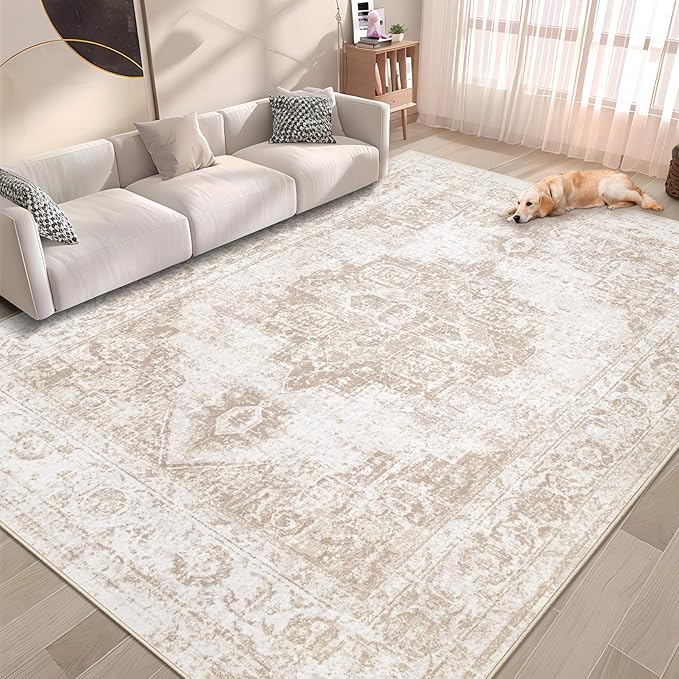 Area Rug 5x7 Vintage Rug: Washable Indoor Medallion Rugs Low Pile Distressed Floor Carpet Retro Accent Rug for Living Room Bedroom Kitchen Dining Table Home Office(Beige, 5'x7')