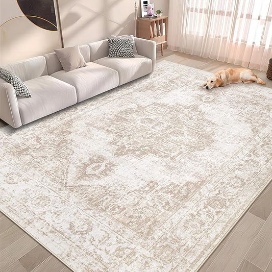 Area Rug 5x7 Vintage Rug: Washable Indoor Medallion Rugs Low Pile Distressed Floor Carpet Retro Accent Rug for Living Room Bedroom Kitchen Dining Table Home Office(Beige, 5'x7')