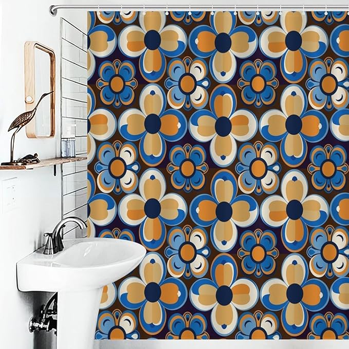 Bohemia Royal Blue Flowers Shower Curtain Mid Century Funky Retro Hippie 60s 70s Aesthetic Washable Waterproof Fabric for Bathroom Decor Bathtub with 12 Hooks 55x72in（140x183cm）