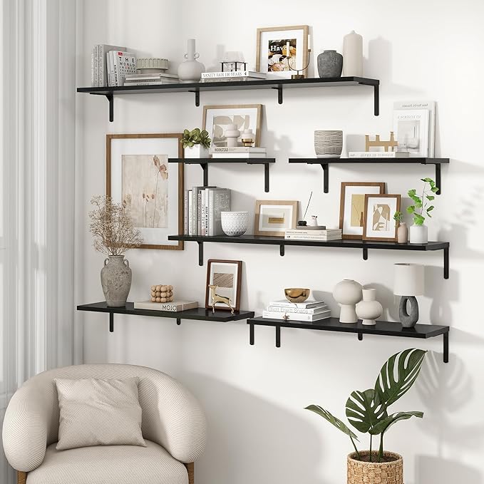 Fun Memories Deep Floating Shelves, 32W x 8D Floating Shelves Set of 2, Wall Mounted Shelf with Metal Brackets, Rustic Wood Wall Shelf for Bathroom, Kitchen and Living Room, Black