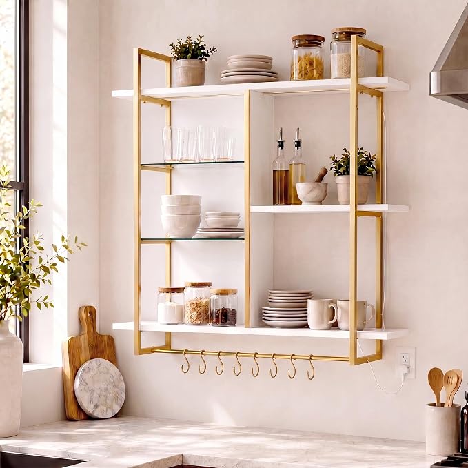 BELLEZE 40" Floating Shelves with LED Lights, 4-Tier Wall Mounted Shelf with Hooks for Kitchen, Bar, Living Room - MDF Display Rack for Coffee Bar, Books, Decor (Remote Control, 16 Colors + 32 Modes)