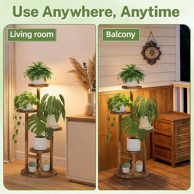 iDavosic.ly 4 Tier Plant Stand Indoor with Grow Light, Tiered Corner Wood Multiple Flower Holder Shelf, Tall Orchid Display Rack for Living Room Bedroom, Brown