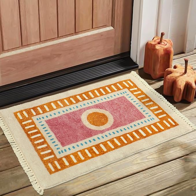 Lukinbox Boho Bathroom Rugs with Fringes, 2x3 Small Washable Sun Area Rug for Bedroom, Ultra Soft Non-Slip Orange Rainbow Throw Rug for Kids Room Entryway Kitchen Door Mat