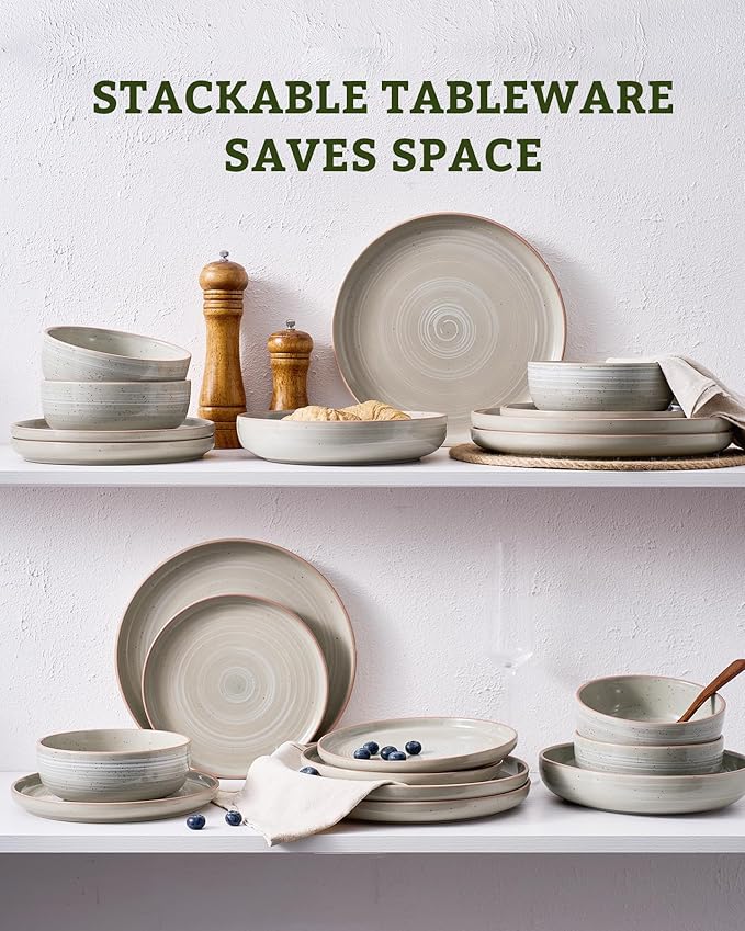 Famiware Meteor Stoneware Dinnerware Sets with Pasta Bowls, Service for 4 (16 Pieces), Plates and Bowls Sets, Microwave and Dishwasher Safe Dishes Set, Matcha Green