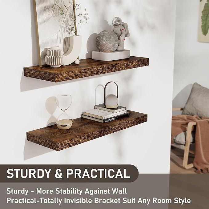Floating Shelves for Wall, 28 Inch Floating Shelves Set of 2, Wall Mounted Rustic Wood Shelf for Bathroom, Living Room, Bedroom and Kitchen, Hanging Shelf for Storage, Books, Home Decor, Rustic Brown