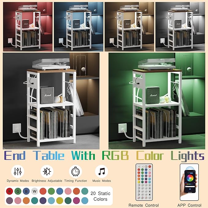 YAKANJ End Table with LED Light,Record Player Stand with Charging Station,Vinyl Records Storage,Turntable Stand Albums Storage for Music Room Studio-Industry White
