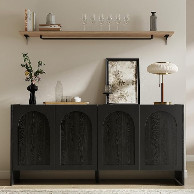 63" Sideboard Buffet Cabinet with Storage, 4 Door Solid Wood Veneer Sideboard Modern Arched Accent Cabinet with Adjustable Shelves, Large Credenza for Living Room,Kitchen,Entryway(Black)