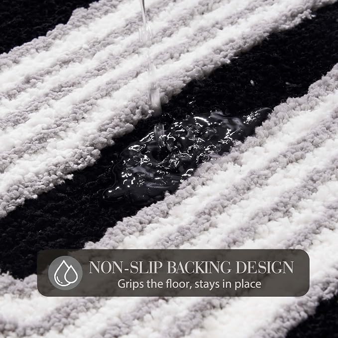 Geometric Design Boho Runner Bathroom Rugs, Long Scalloped Cute Bath Mat Non Slip for Bedroom Kitchen Hallway Laundry Room, Funky Retro Farmhouse Bath Rug Washable, Black/Grey, 51"x20"