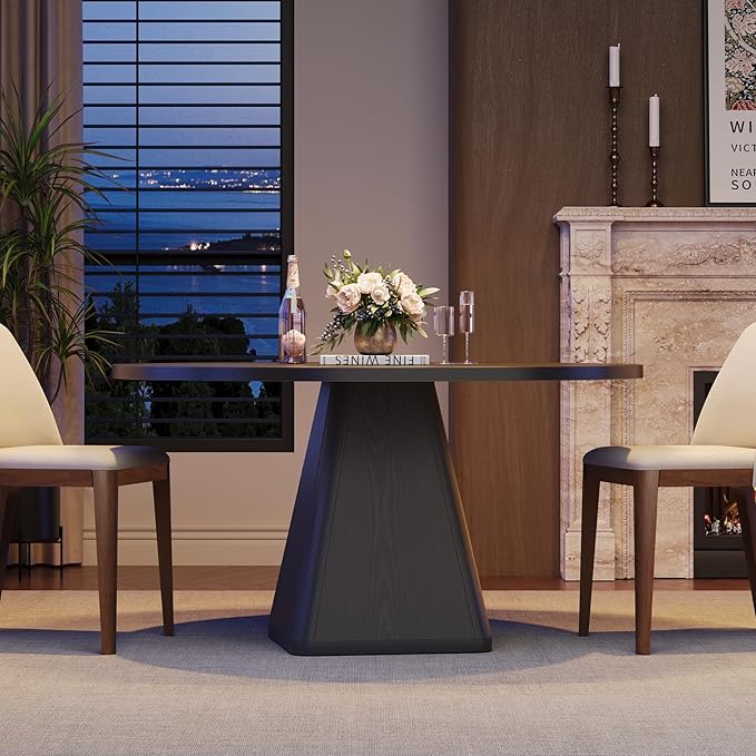 47 Inch Round Dining Table for 4-6, Circle Kitchen Table with Thickened Tabletop, Modern Dining Room Tables with Square Pedestal Base, Dinner Tables for Kitchen Small Space, Black (Table Only)