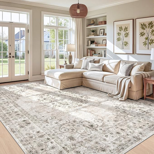 Area Rug 9x12 Vintage Rug: Large Washable Indoor Medallion Rugs Low Pile Distressed Floor Carpet Retro Accent Rug for Living Room Bedroom Kitchen Dining Table Home Office(Distressed Taupe, 9'x12')