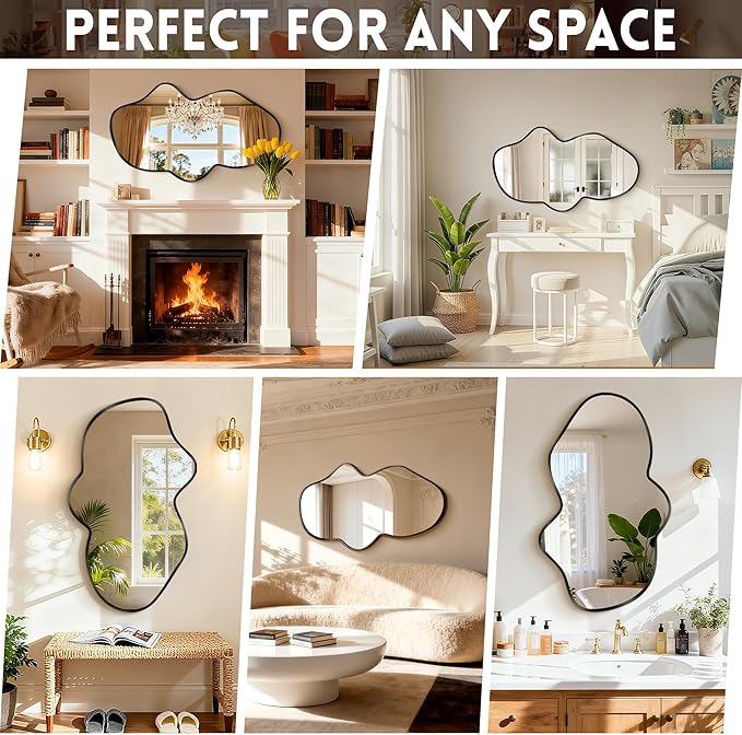 Irregular Wall Mirror, Black Bathroom Wavy Abstract Mirror for Over Sink, Decorative Cloud-Shaped Wall Mirror, Stylish Shatter-Proof HD Mirror for Bedroom, Entryway (22"x36", S, 2 Pack)