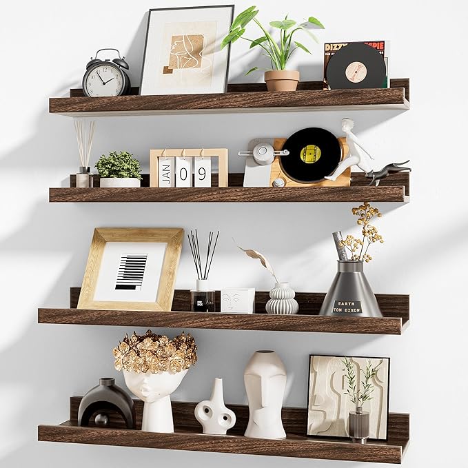 Heimlove Picture Ledge Shelf,24 inch Long Floating Shelves for Wall Set of 4,Picture Shelf with Lip for Wall Decor,Living Room,Bedroom,Bookshelf,Nursery,Perfume,Walnut Color