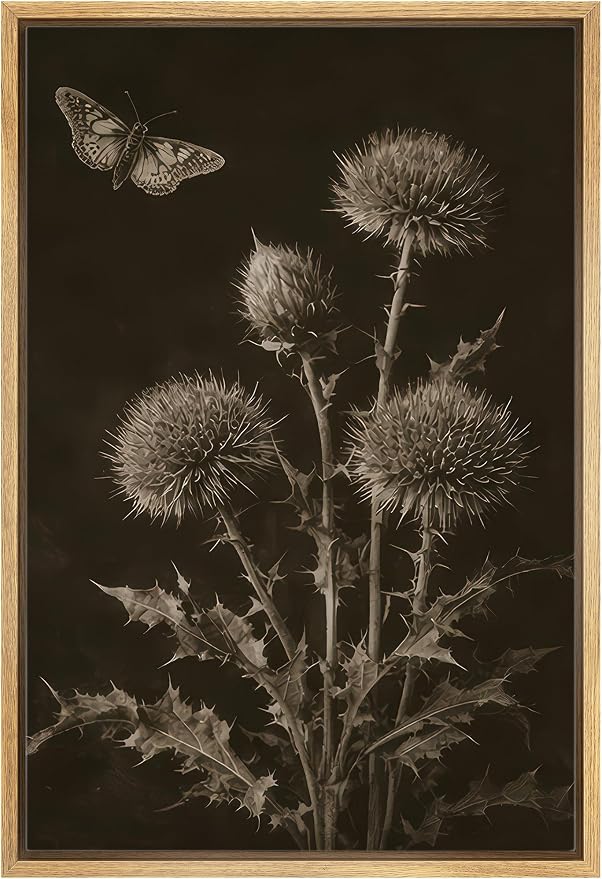 Woodrose Framed Canvas Print Wall Art Sepia Botanical Thistle with Butterfly Vintage Illustrations Modern Art Minimalist 3D Colorful Ultra for Living Room, Bedroom, Office - 16"x24" NATURAL