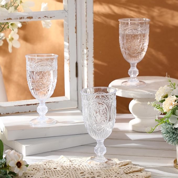 36 Pack Plastic Goblets 10oz Upgrade Vintage Water Goblet Plastic Wine Glasses Colored Retro Embossed Glassware for Party Wine Bar Juice Baby Shower Wedding Reception Grand (Clear)