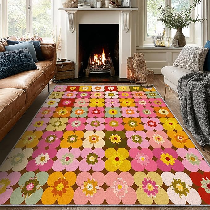 70s Floral Rugs 8x10, Retro Colorful Groovy Washable 8 x 10 Area Rug for Living Room, Bedroom, Low Pile Non Slip Stain Resistant Carpet, 70s Retro Home Decor Accessories & M848