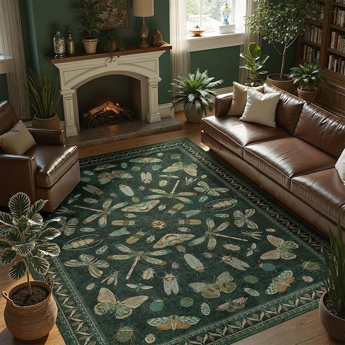 DCX 6x9 Washable Insect Rug, Vintage Gothic Dark Green Rug with Non-Slip Rubber Backing, Soft Low-Pile, Stain-Resistant, Kid & Pet Friendly, for Living Room, Bedroom, Office, and Nature-Themed Decor