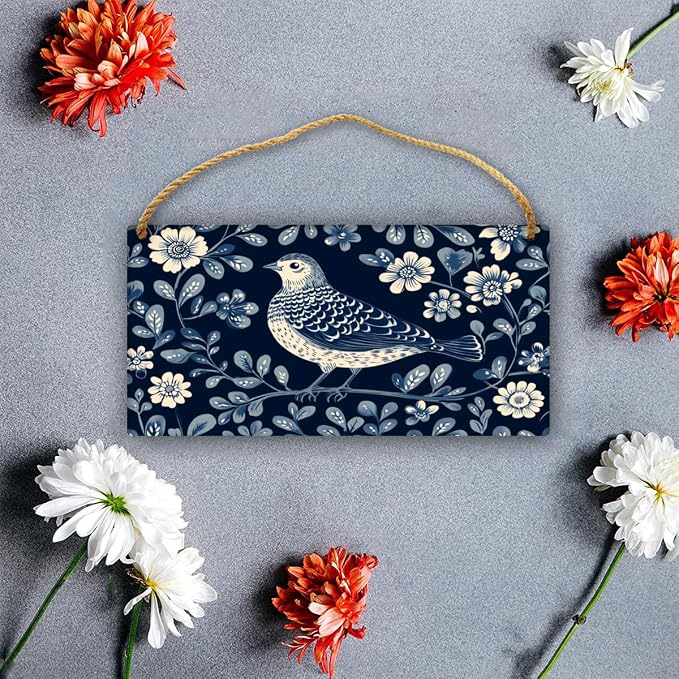 Retro Bird in Blue Floral Garden Wooden Print, 12x6 Inch Nostalgic Wood Decors for Mid-Century Modern Enthusiasts & Floral Fans, Add a Touch of Classic Charm to Your Home Office