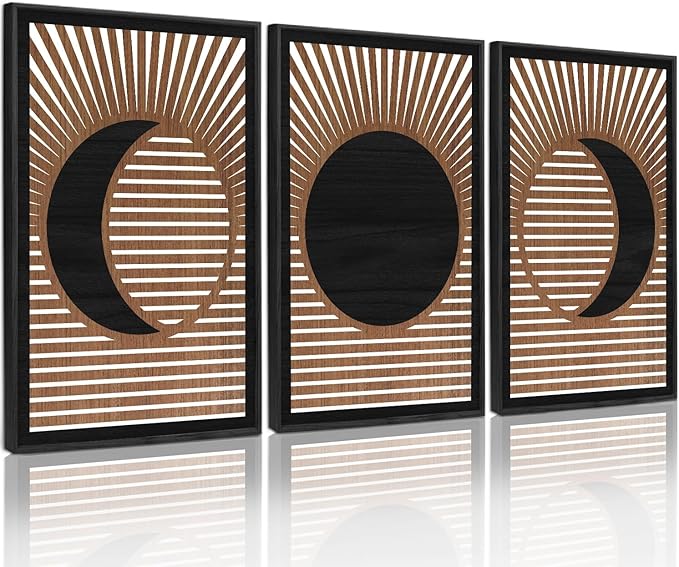 CHDITB Wooden Moon Phase Celestial Framed Wall Decor(Set of 3, 16"x24"), Boho Geometric Moon Appearance Line Art Hollow Laser Cut Decor, Nordic Gothic Minimalist Artwork Wall Sculpture for Living Room Bedroom
